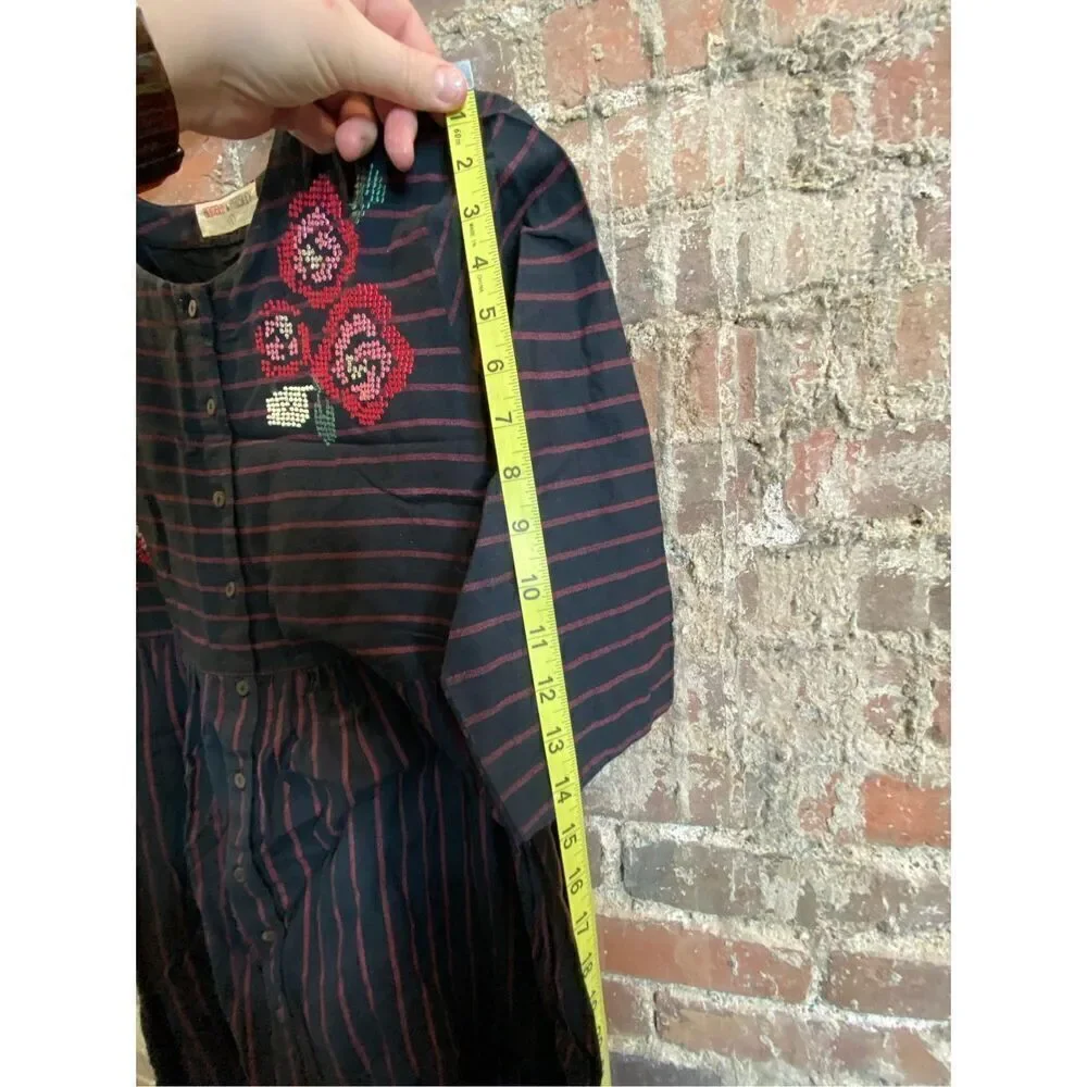 Bombay Paisley Dark Blue Red Stripe Floral Embroidered Button Down 3/4 Sleeve Mi - Picture 10 of 16